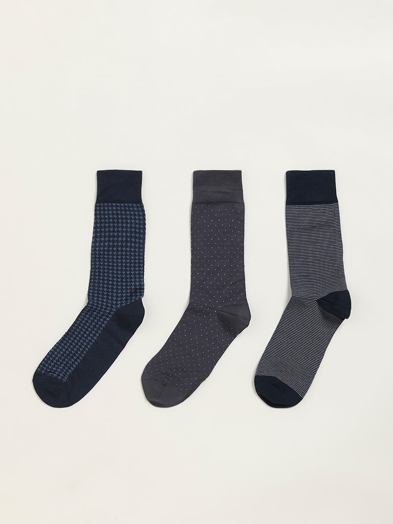 Westside WES Lounge Men's Multicolour Printed Cotton-Blend Full Length Socks - Pack of 3 for Casual Wear Color View