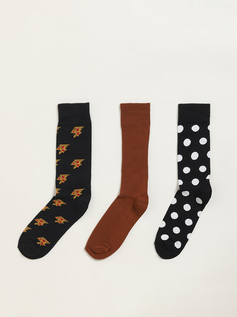 Westside WES Lounge Men's Multicolour Printed Cotton-Blend Full Length Socks - Pack of 3 for Casual Wear Color View