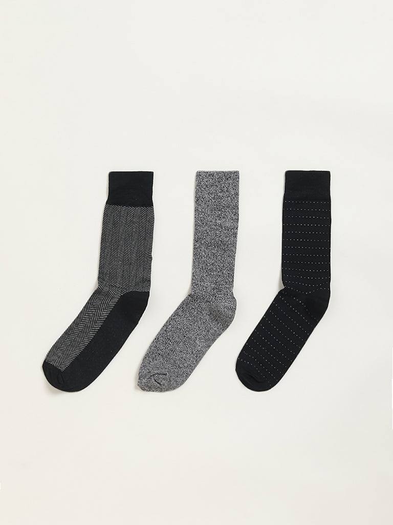 Westside WES Lounge Men's Black Printed Cotton-Blend Full Length Socks - Pack of 3 for Casual Wear Color View