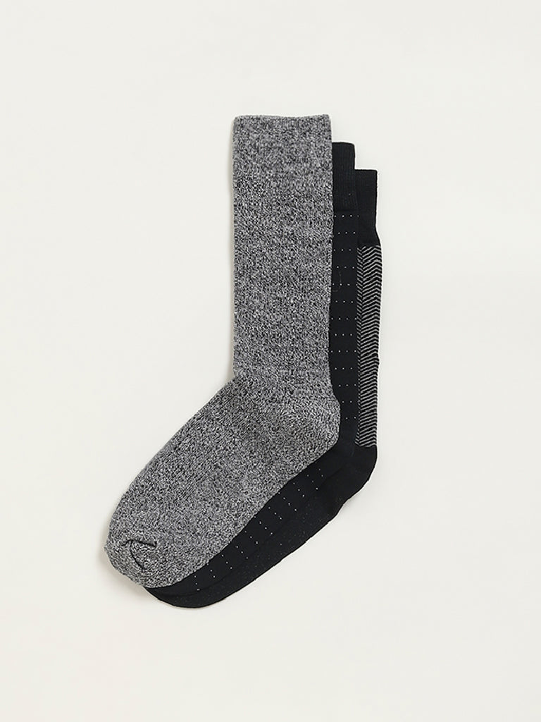 Westside WES Lounge Men's Black Printed Cotton-Blend Full Length Socks - Pack of 3 for Casual Wear Zoomed View