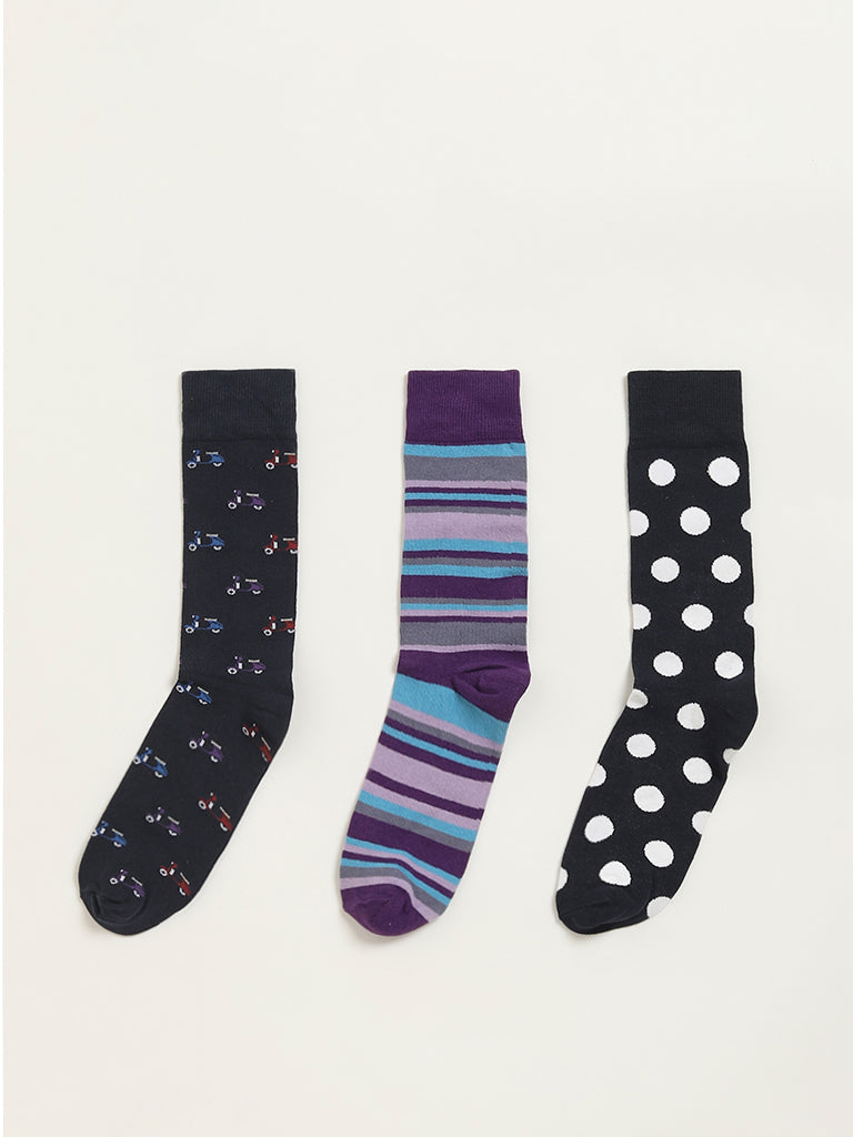 Westside WES Lounge Men's Multicolour Printed Cotton-Blend Full Length Socks - Pack of 3 for Casual Wear Color View