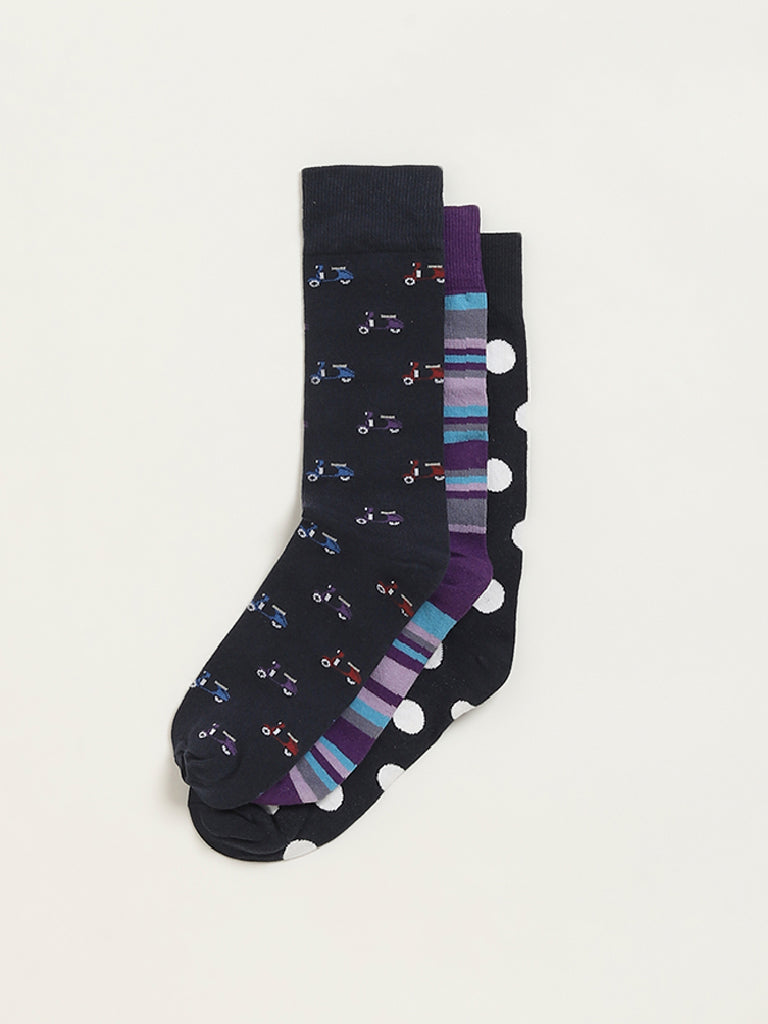 Westside WES Lounge Men's Multicolour Printed Cotton-Blend Full Length Socks - Pack of 3 for Casual Wear Zoomed View