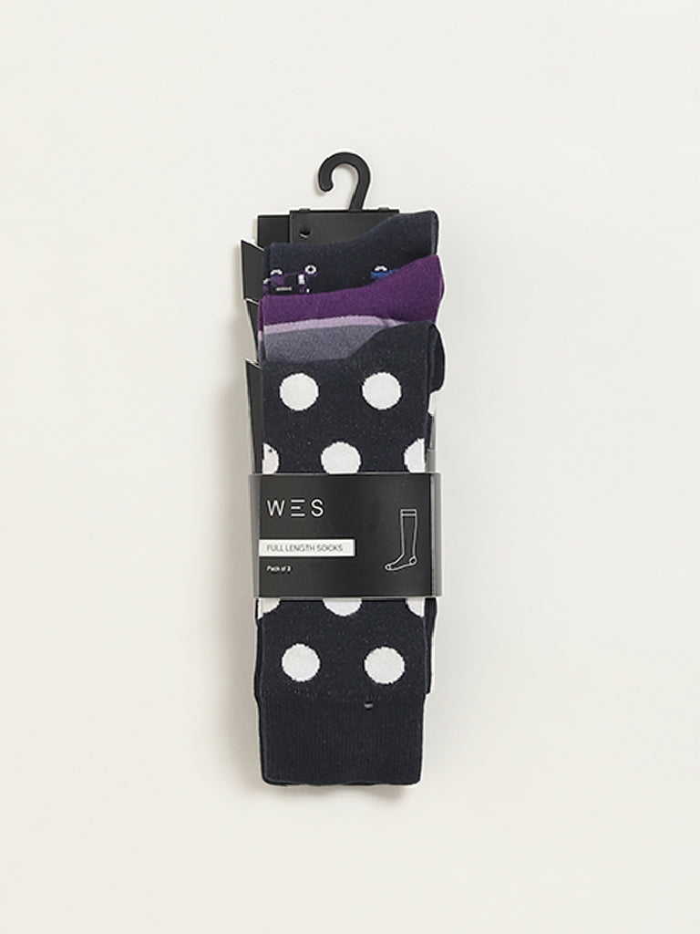 Westside WES Lounge Men's Multicolour Printed Cotton-Blend Full Length Socks - Pack of 3 for Casual Wear Pack View