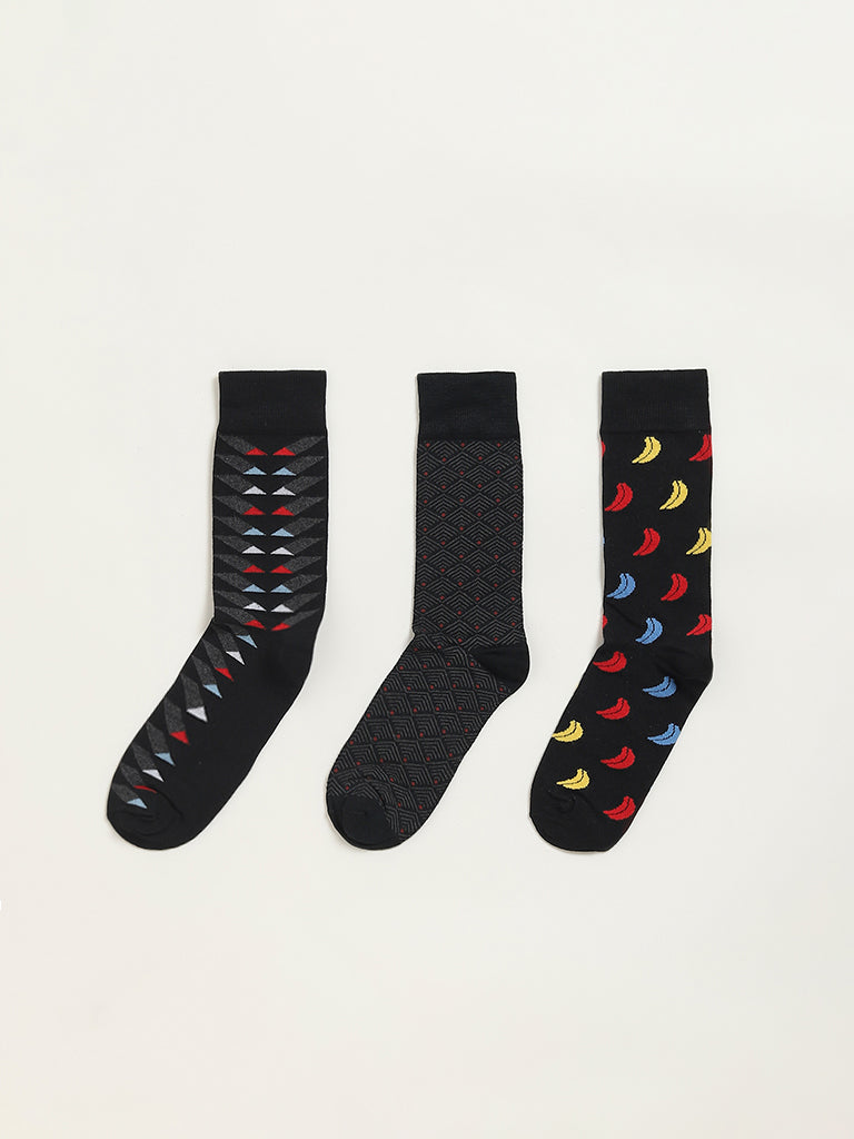 Westside WES Lounge Men's Black Printed Cotton-Blend Full Length Socks - Pack of 3 for Casual Wear Color View