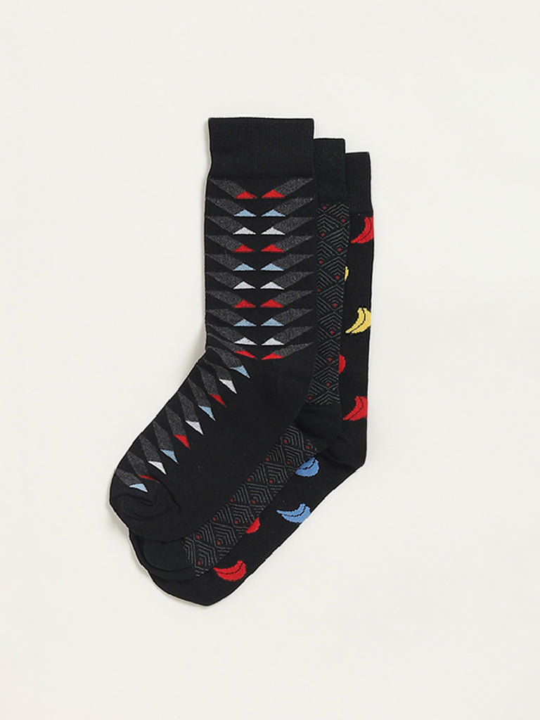 Westside WES Lounge Men's Black Printed Cotton-Blend Full Length Socks - Pack of 3 for Casual Wear Zoomed View