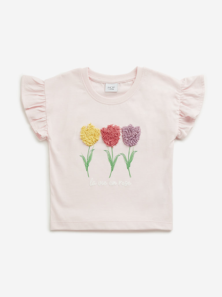 Westside HOP Kids Light Pink Floral Textured Cotton Top for Casual Wear Front View