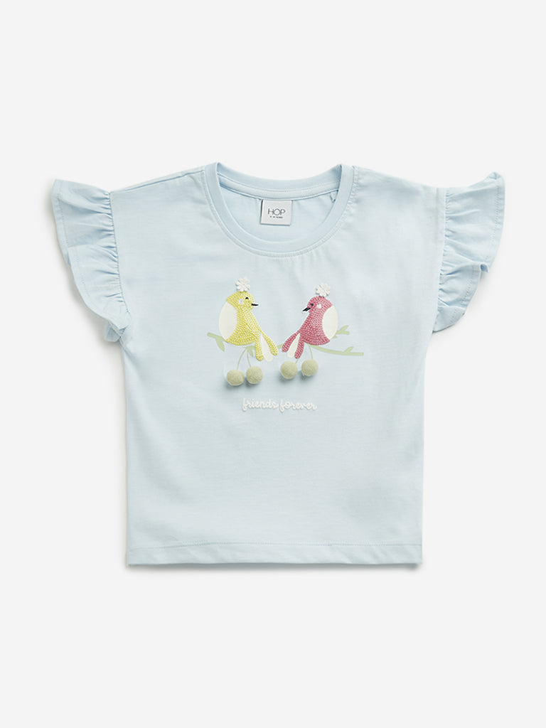 Westside HOP Kids Light Blue Bird Printed Cotton Top for Casual Wear Front View