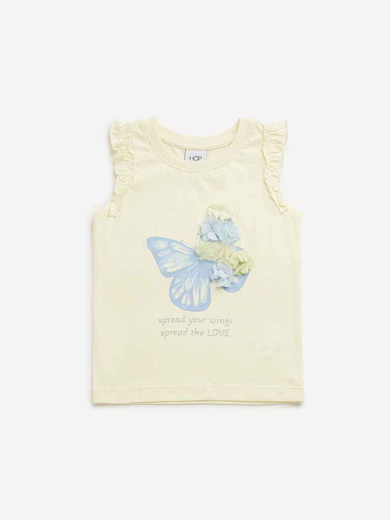 Westside HOP Kids Light Yellow Butterfly Pattern Cotton Top for Casual Wear Front View