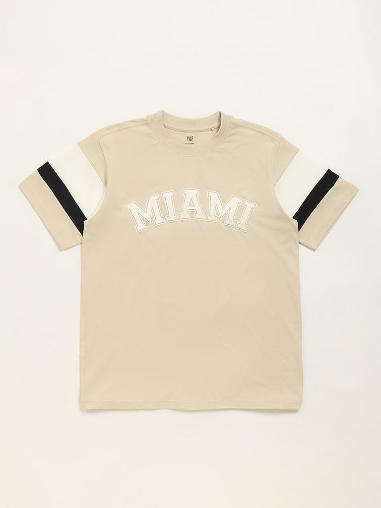 Westside Y&F Boy's Beige Text Pattern Cotton T-Shirt for Casual Wear Front View