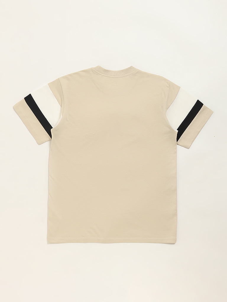 Westside Y&F Boy's Beige Text Pattern Cotton T-Shirt for Casual Wear Back View