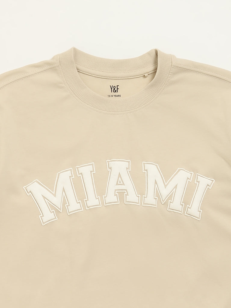 Westside Y&F Boy's Beige Text Pattern Cotton T-Shirt for Casual Wear Zoomed View