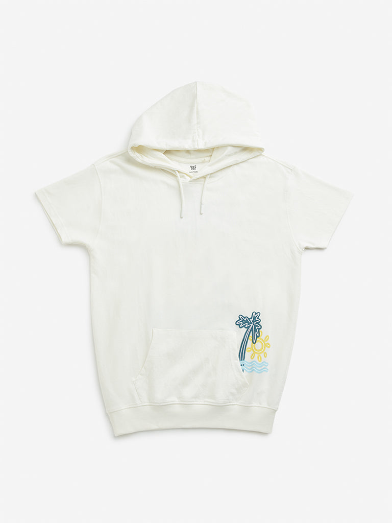 Westside Y&F Boy's Off-White Tropical Inspired Hooded Cotton T-Shirt for Casual Wear Front View