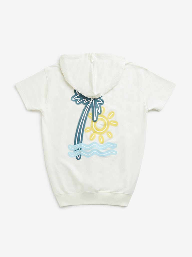 Westside Y&F Boy's Off-White Tropical Inspired Hooded Cotton T-Shirt for Casual Wear Back View