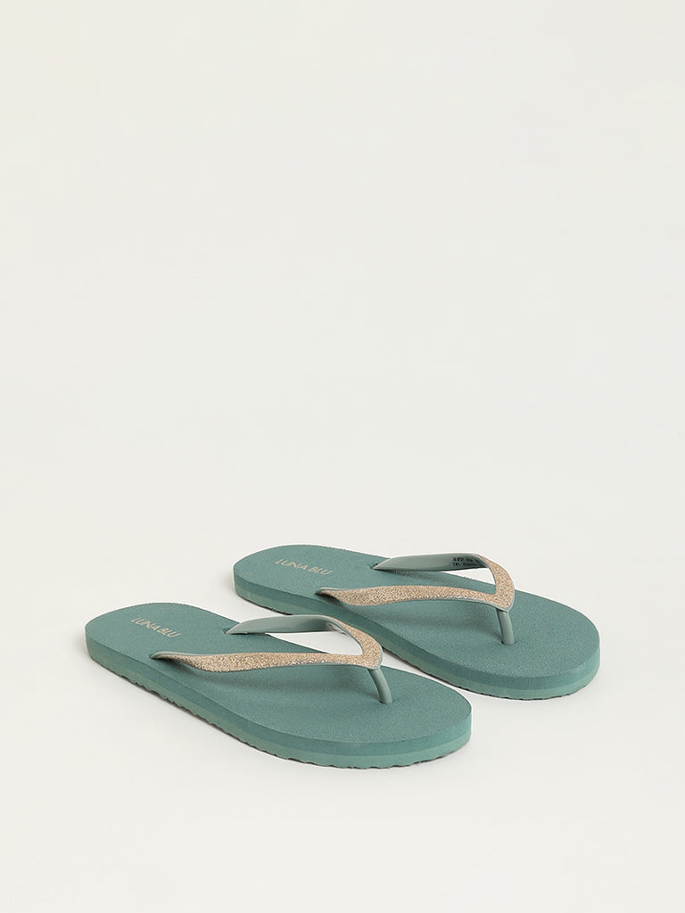 Westside LUNA BLU Women's Dark Green Shimmer-Detailed Flip-Flops Front View