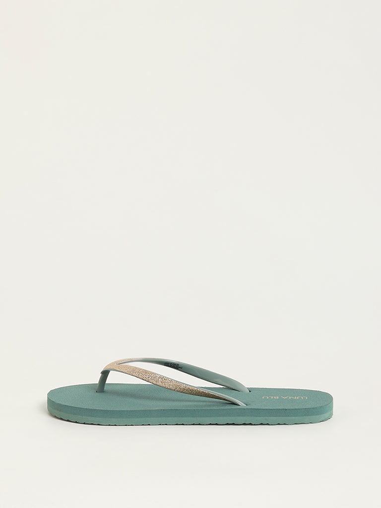 Westside LUNA BLU Women's Dark Green Shimmer-Detailed Flip-Flops Side View