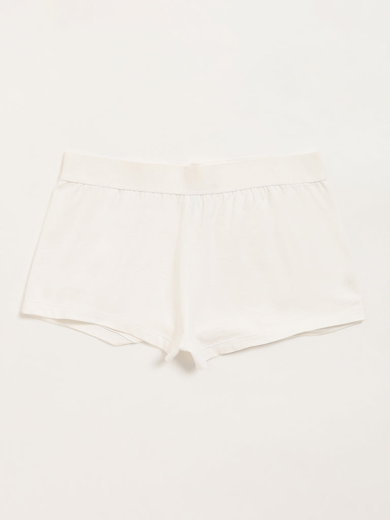 Superstar White Solid Boy Shorts Cotton-Blend Briefs