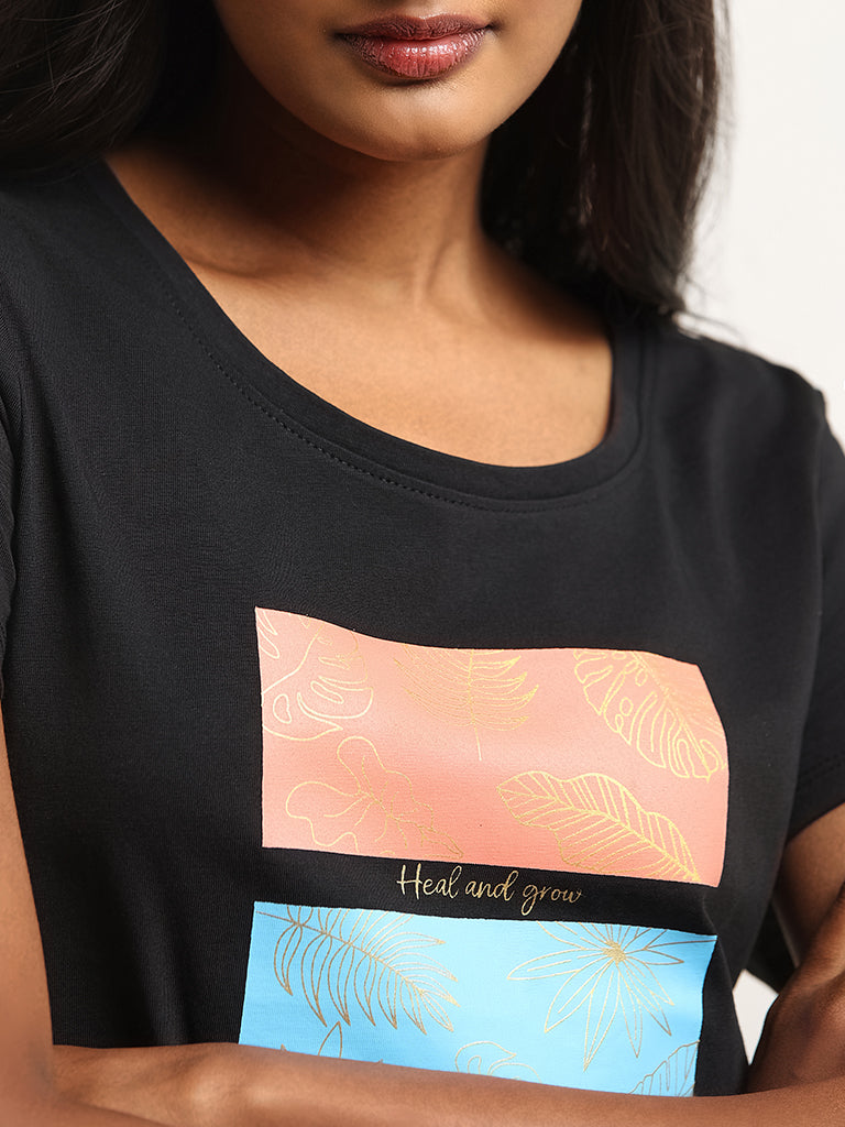 LOV Black Printed Cotton T-Shirt