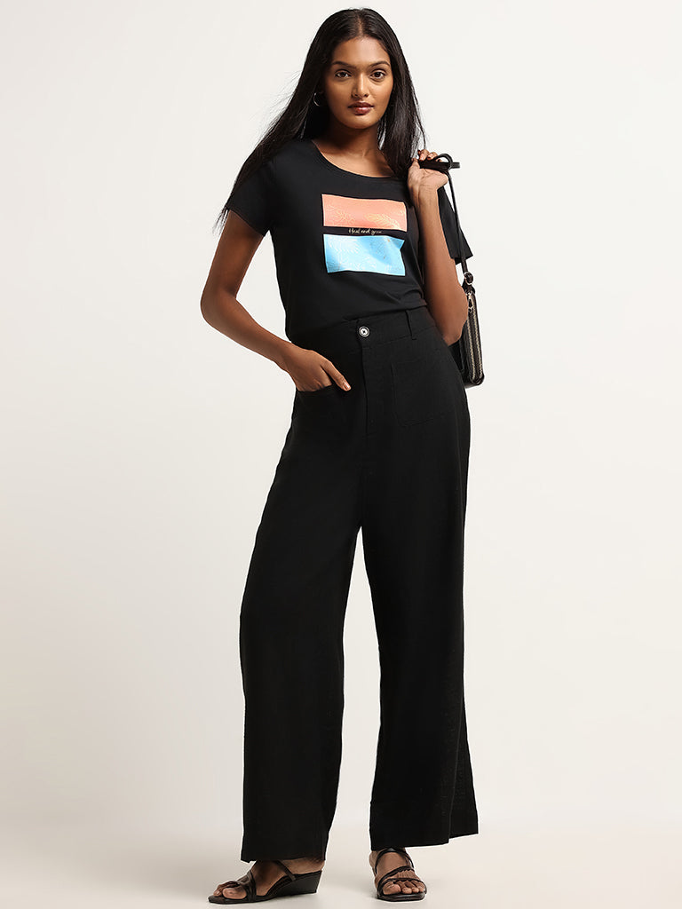 LOV Black Printed Cotton T-Shirt