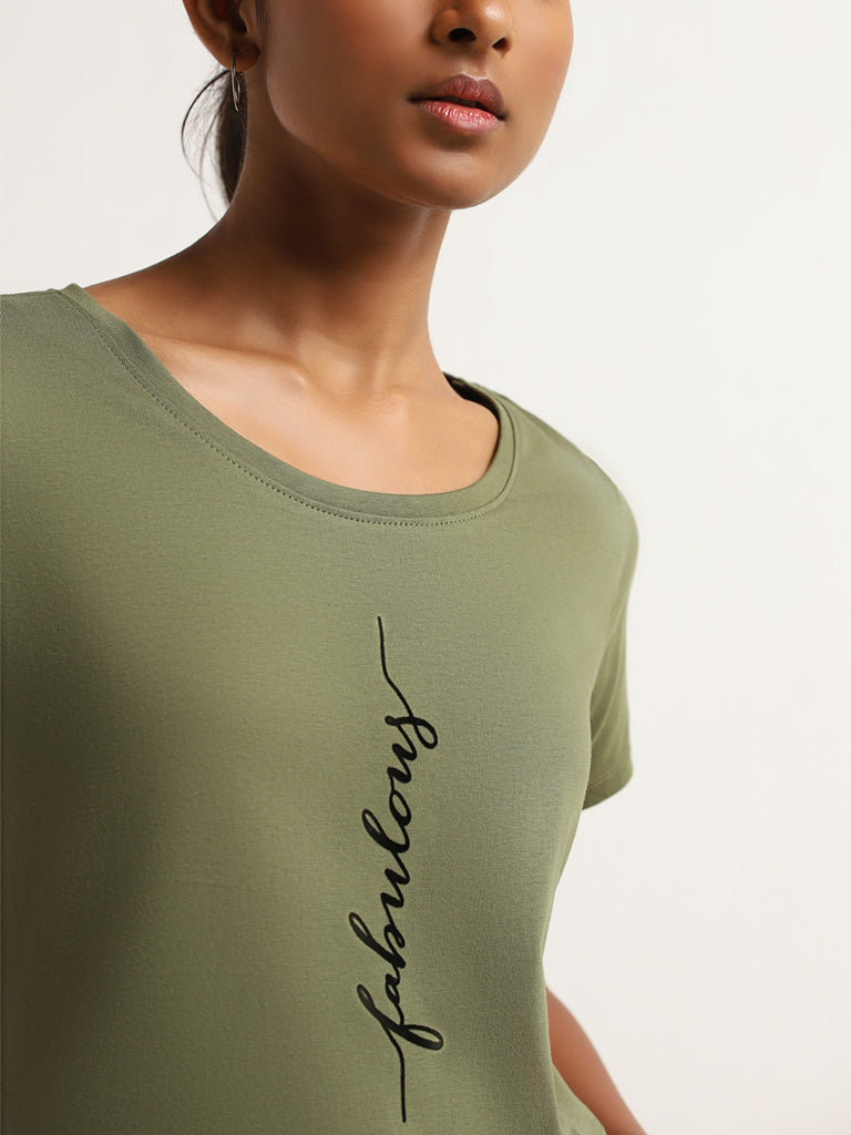 LOV Green Printed Cotton T-Shirt