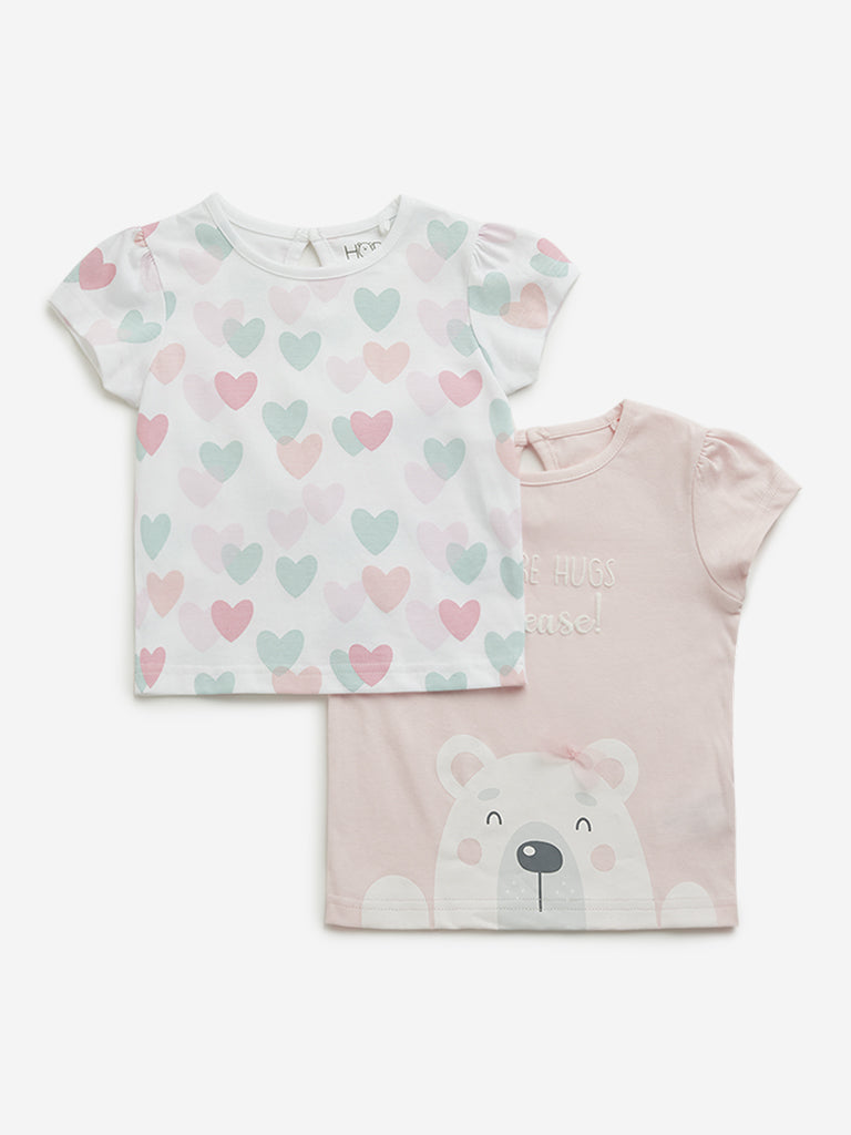 Westside HOP Baby Girl's Pink Printed Cotton Tops - Pack of 2 for Casual Wear Front View