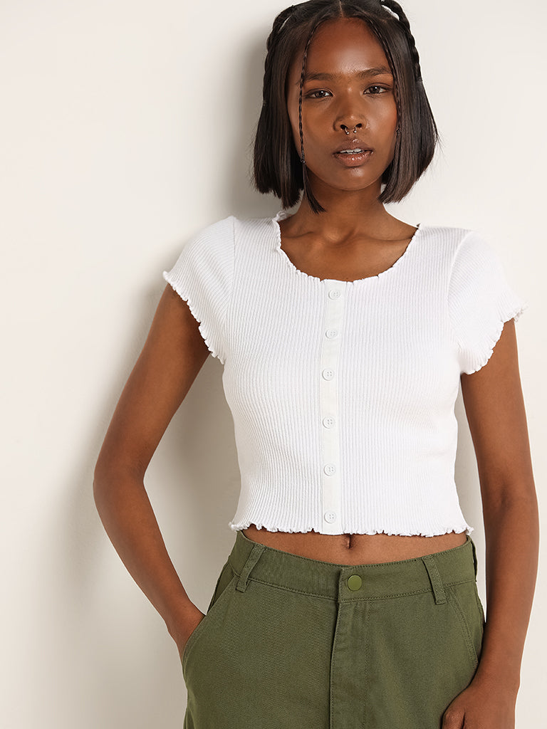 Nuon White Cotton-Blend Ribbed Top