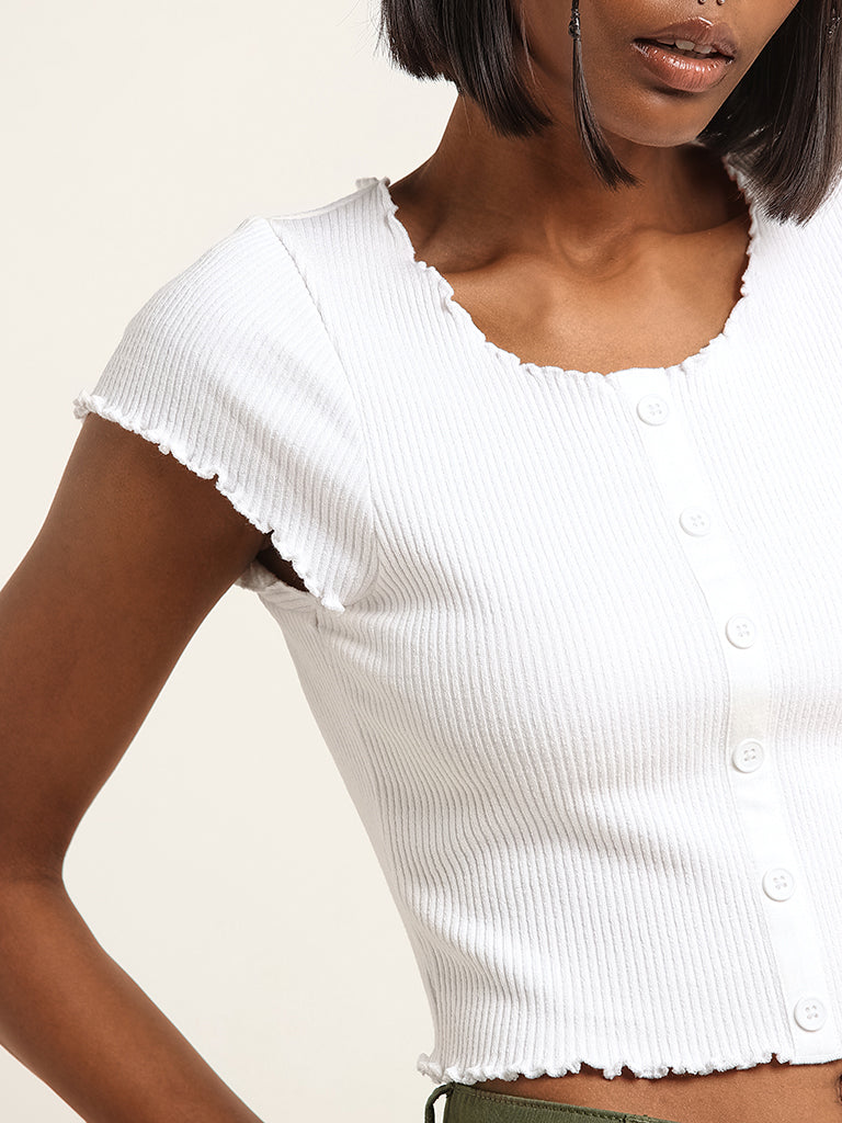 Nuon White Cotton-Blend Ribbed Top