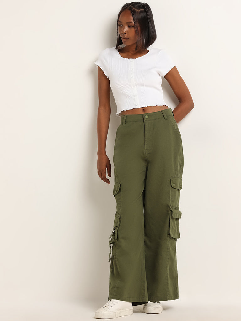 Nuon White Cotton-Blend Ribbed Top