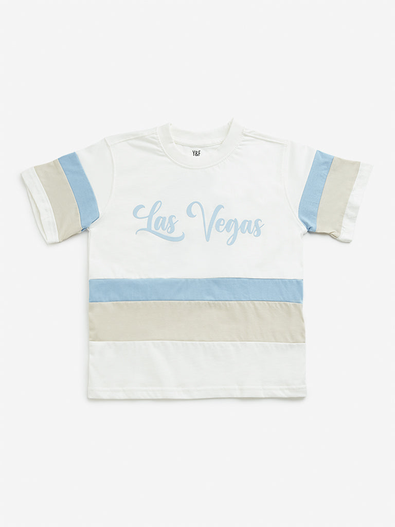 Westside Y&F Boy's Off-White Colour Blocked Design Cotton T-Shirt for Casual Wear Front View