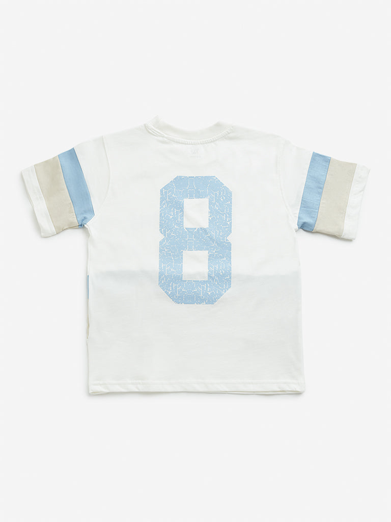 Westside Y&F Boy's Off-White Colour Blocked Design Cotton T-Shirt for Casual Wear Back View