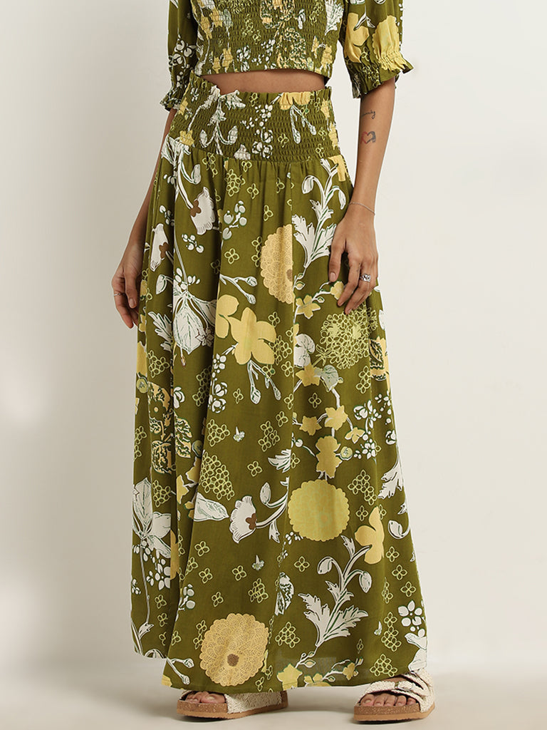 Westside Bombay Paisley Women's Olive Foliage Design High-Rise Skirt for Everyday Front View