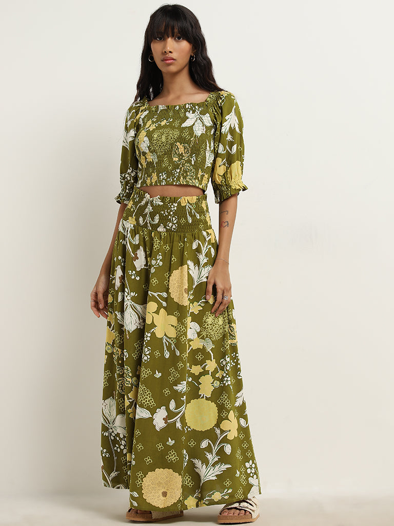 Westside Bombay Paisley Women's Olive Foliage Design High-Rise Skirt for Everyday Full View