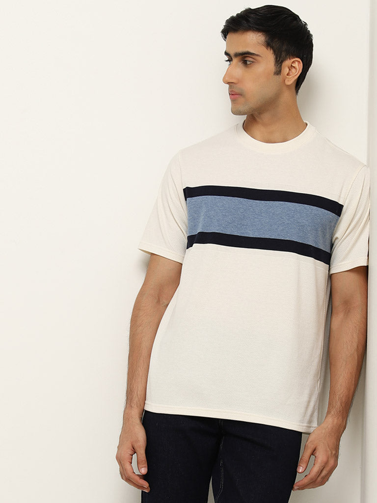 Westside WES Lounge Men's White Stripe Printed Cotton T-Shirt for Lounge Wear Front View