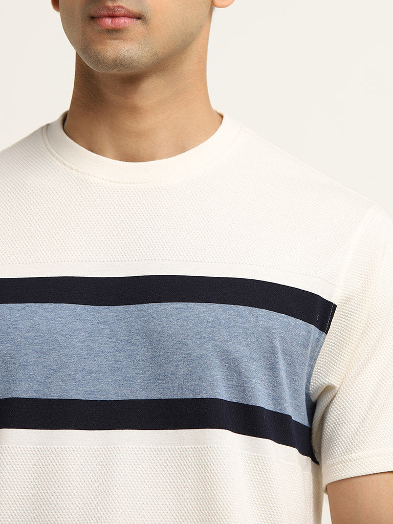 Westside WES Lounge Men's White Stripe Printed Cotton T-Shirt for Lounge Wear Zoomed View