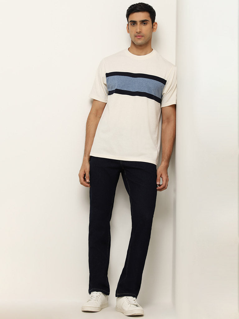 Westside WES Lounge Men's White Stripe Printed Cotton T-Shirt for Lounge Wear Full View