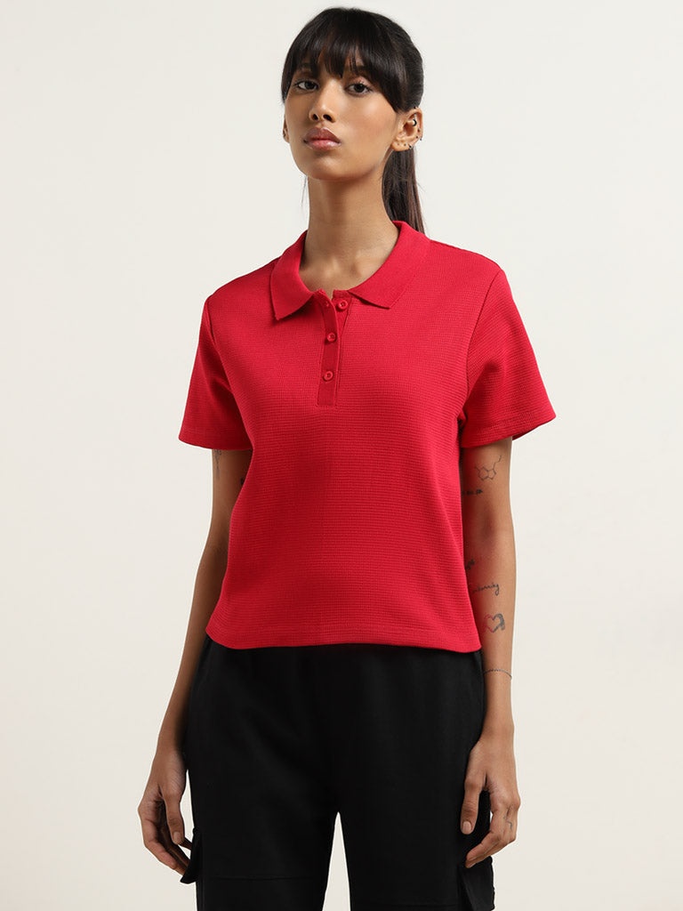 Westside Studiofit Women's Red Ribbed Textured Cotton T-Shirt for Sports Wear Front View