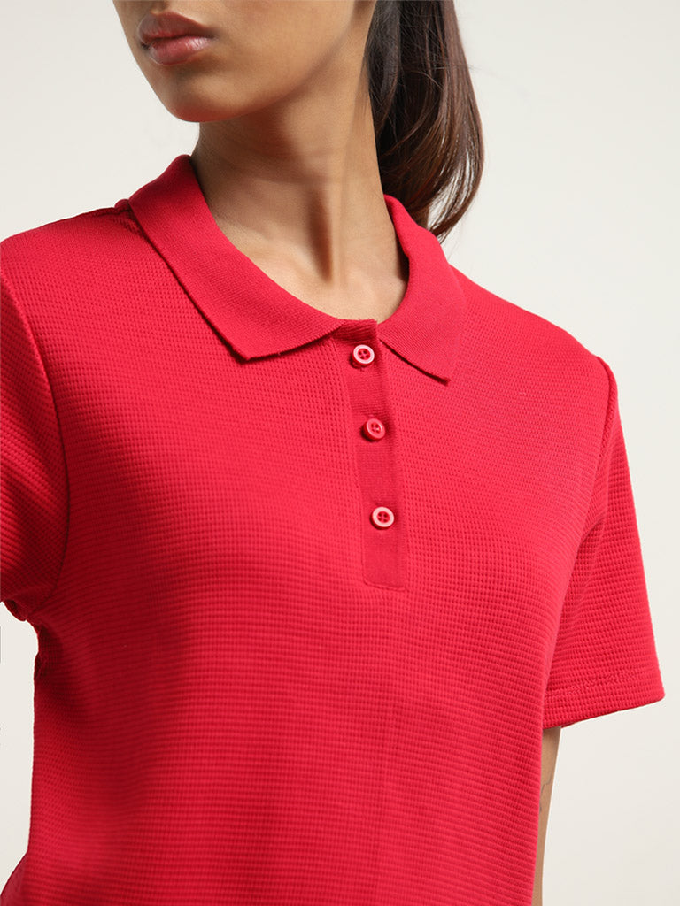 Westside Studiofit Women's Red Ribbed Textured Cotton T-Shirt for Sports Wear Zoomed View