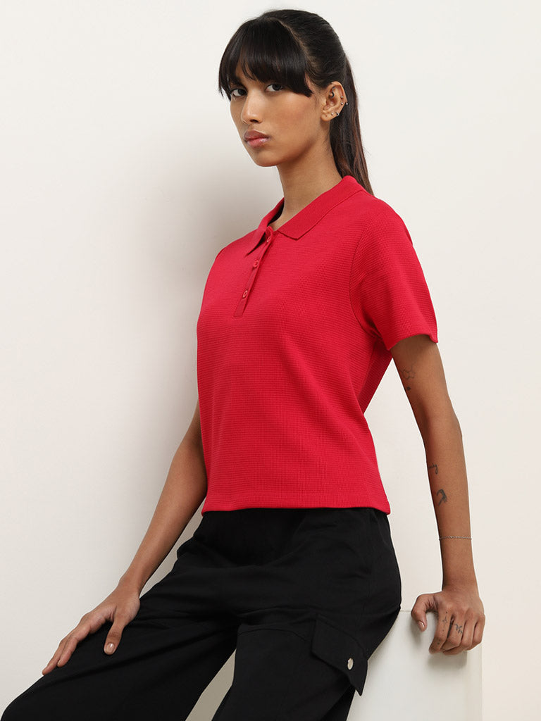 Westside Studiofit Women's Red Ribbed Textured Cotton T-Shirt for Sports Wear Front View