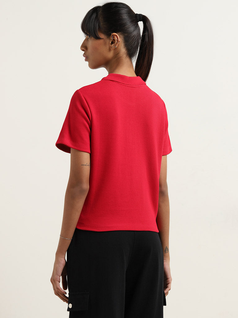 Westside Studiofit Women's Red Ribbed Textured Cotton T-Shirt for Sports Wear Back View