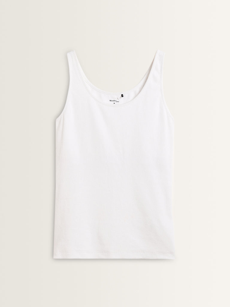 Wunderlove White Ribbed Textured Cotton-Blend Camisole