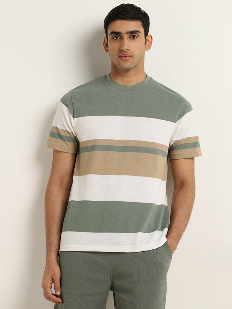 Westside WES Lounge Men's Sage Colour-Blocked Relaxed-Fit Cotton-Blend T-Shirt for Casual Wear Front View