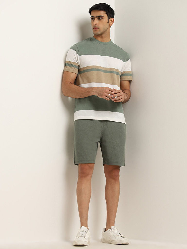 Westside WES Lounge Men's Sage Colour-Blocked Relaxed-Fit Cotton-Blend T-Shirt for Casual Wear Full View