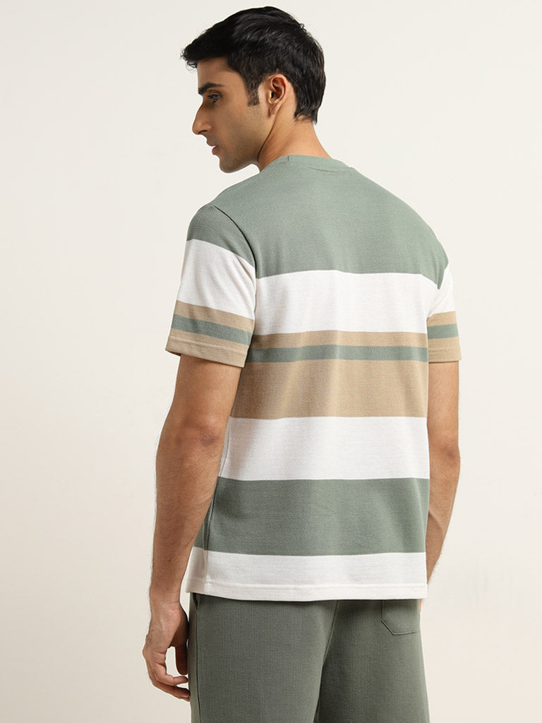 Westside WES Lounge Men's Sage Colour-Blocked Relaxed-Fit Cotton-Blend T-Shirt for Casual Wear Back View