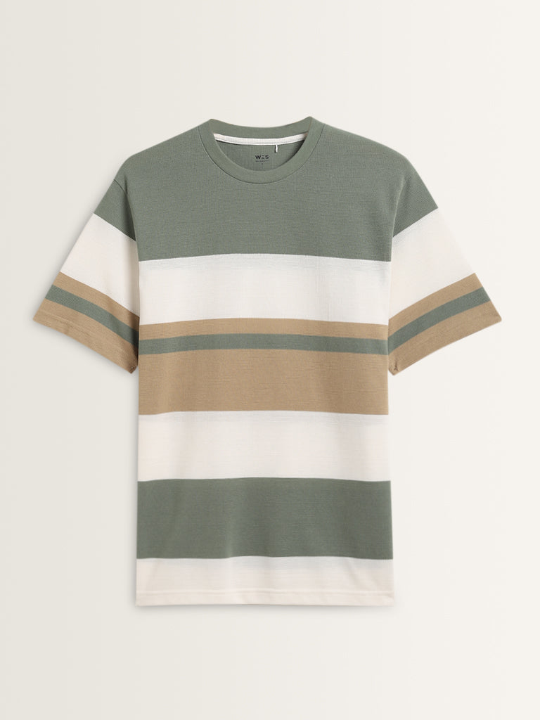 Westside WES Lounge Men's Sage Colour-Blocked Relaxed-Fit Cotton-Blend T-Shirt for Casual Wear Flatly