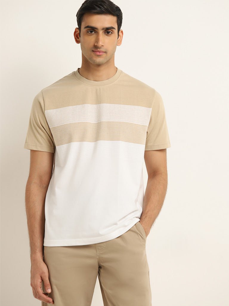 Westside WES Lounge Men's Beige Colour-Blocked Relaxed-Fit Cotton-Blend T-Shirt for Casual Wear Front View