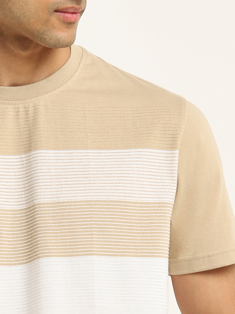 Westside WES Lounge Men's Beige Colour-Blocked Relaxed-Fit Cotton-Blend T-Shirt for Casual Wear Zoomed View