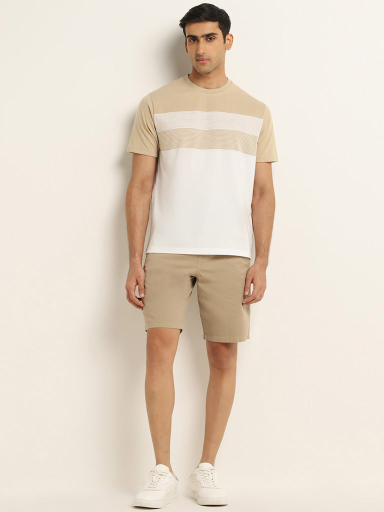 Westside WES Lounge Men's Beige Colour-Blocked Relaxed-Fit Cotton-Blend T-Shirt for Casual Wear Full View