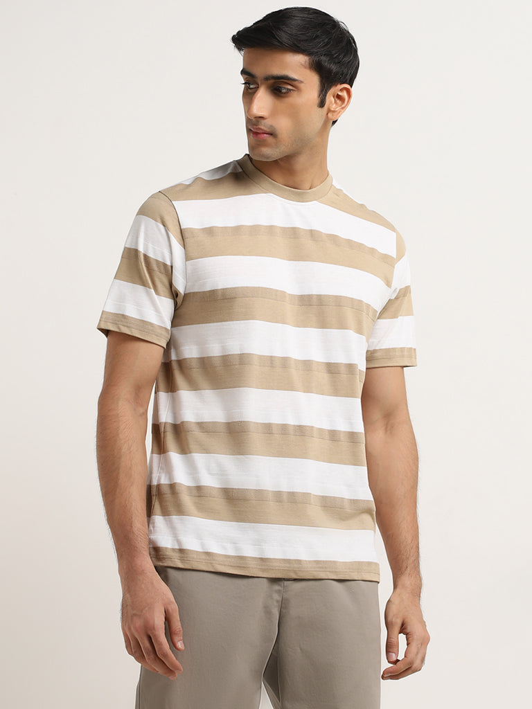 Westside WES Lounge Men's Beige Striped Relaxed-Fit T-Shirt for Casual Wear Front View