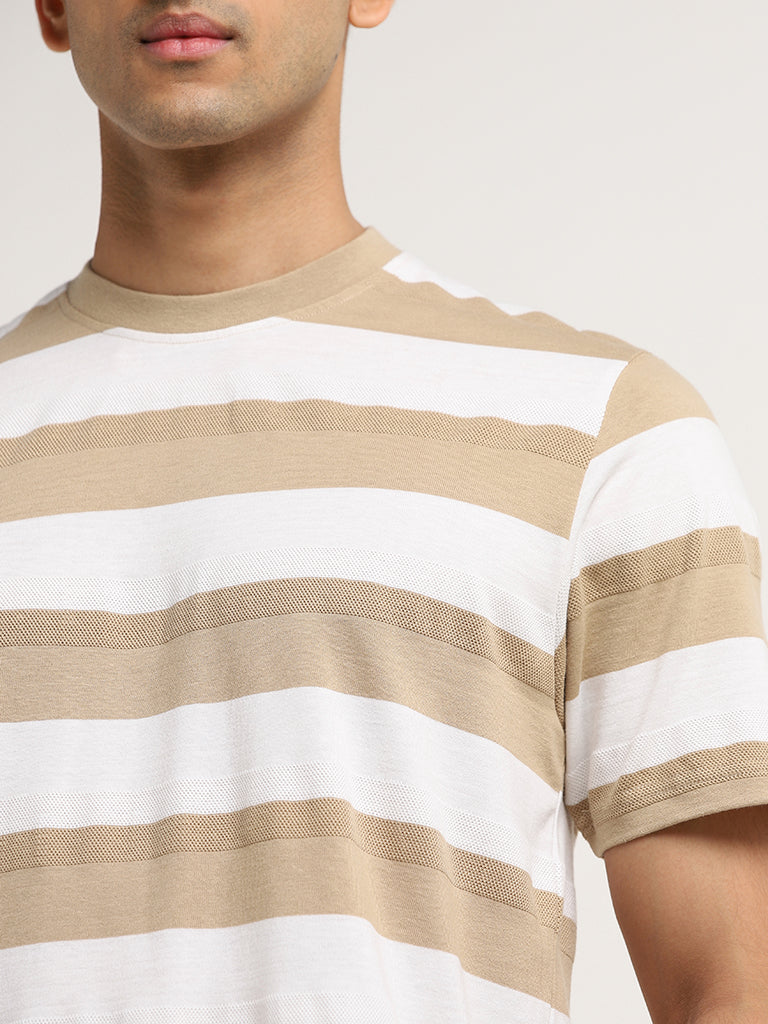 Westside WES Lounge Men's Beige Striped Relaxed-Fit T-Shirt for Casual Wear Zoomed View