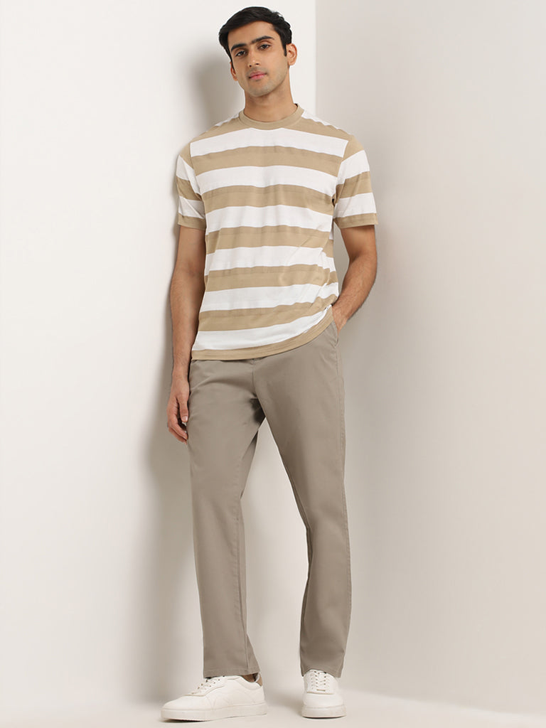 Westside WES Lounge Men's Beige Striped Relaxed-Fit T-Shirt for Casual Wear Full View