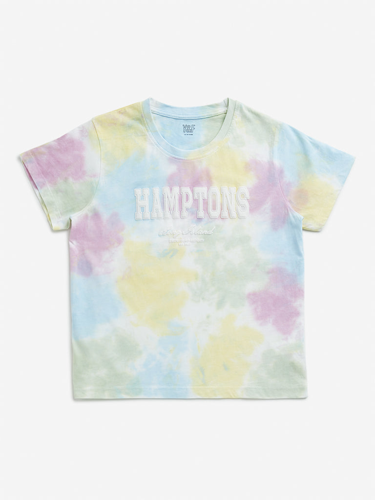 Westside Y&F Girl's Multicolour Tie-Dye Printed Cotton T-Shirt for Casual Wear Front View